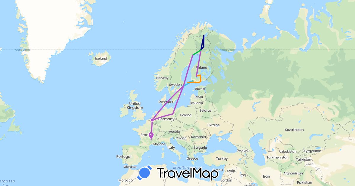 TravelMap itinerary: driving, bus, train, boat, hitchhiking in Belgium, Germany, Finland, France, Sweden (Europe)